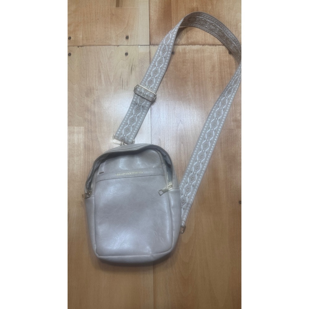 Thread & Supply Beige Vegan Leather Sling Bag Crossbody with Embroidered Strap